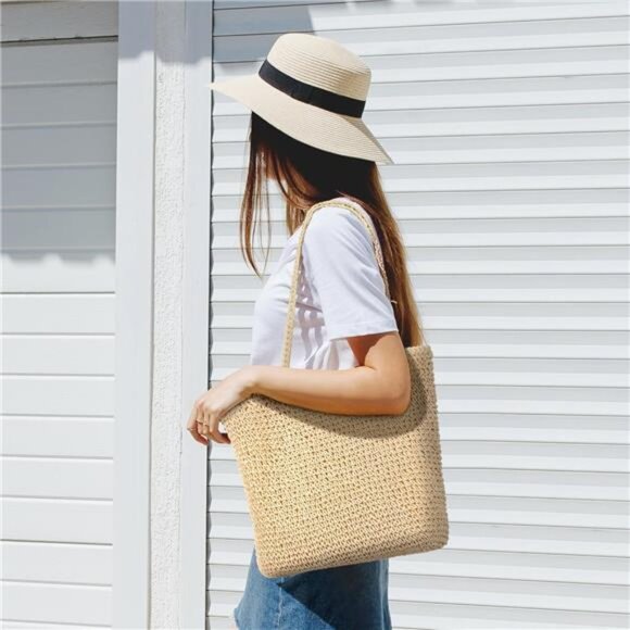 Handbags - Woven Straw Tote Bags Waterproof, Beige